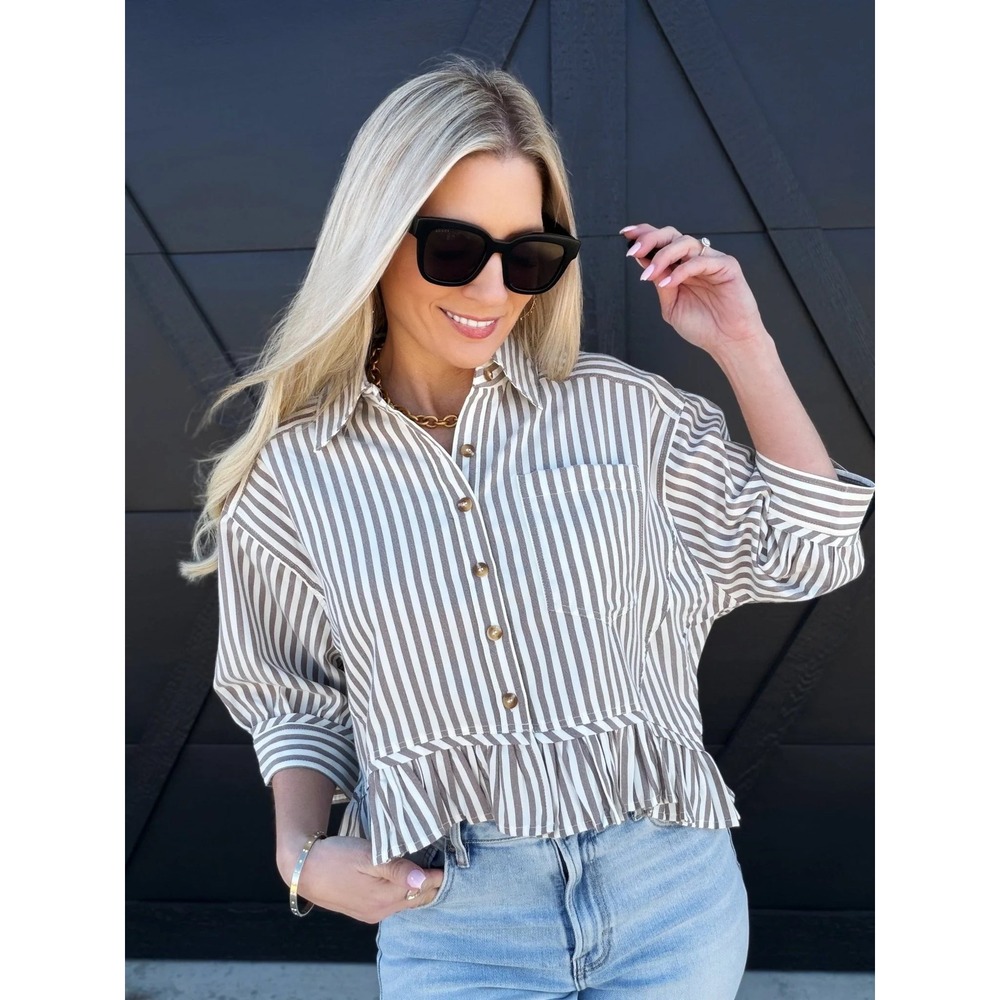 ee:some Los Angeles Grey White Striped Ruffle Hem Cropped Button Down Shirt